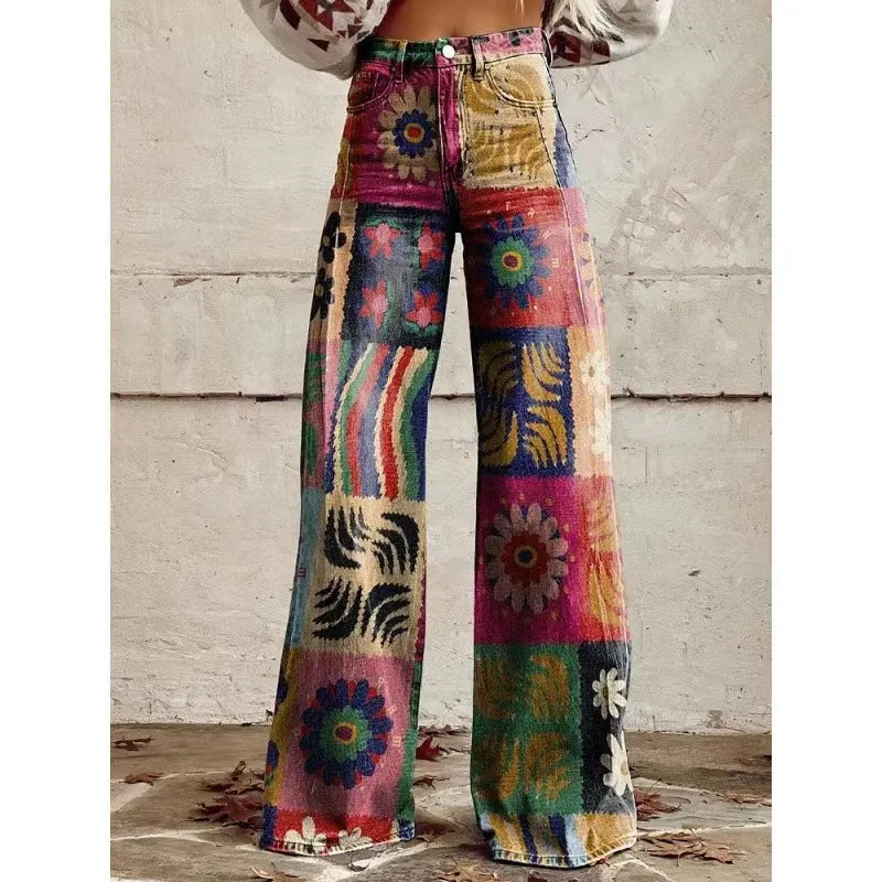 High Waist Western Cowboy Horse Print Wide Leg Pants