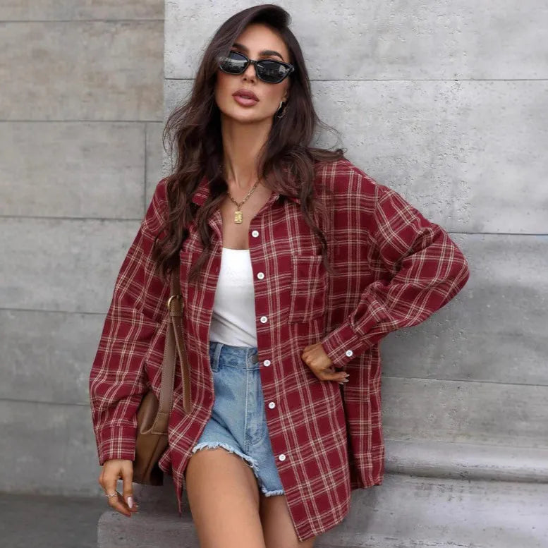 Wine Red Tartan Plaid Shirt, Oversized Longline Button Front Casual Blouse