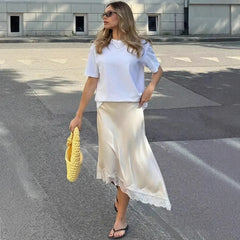 Solid Color Satin Lace Trim Irregular Hem Midi Skirt