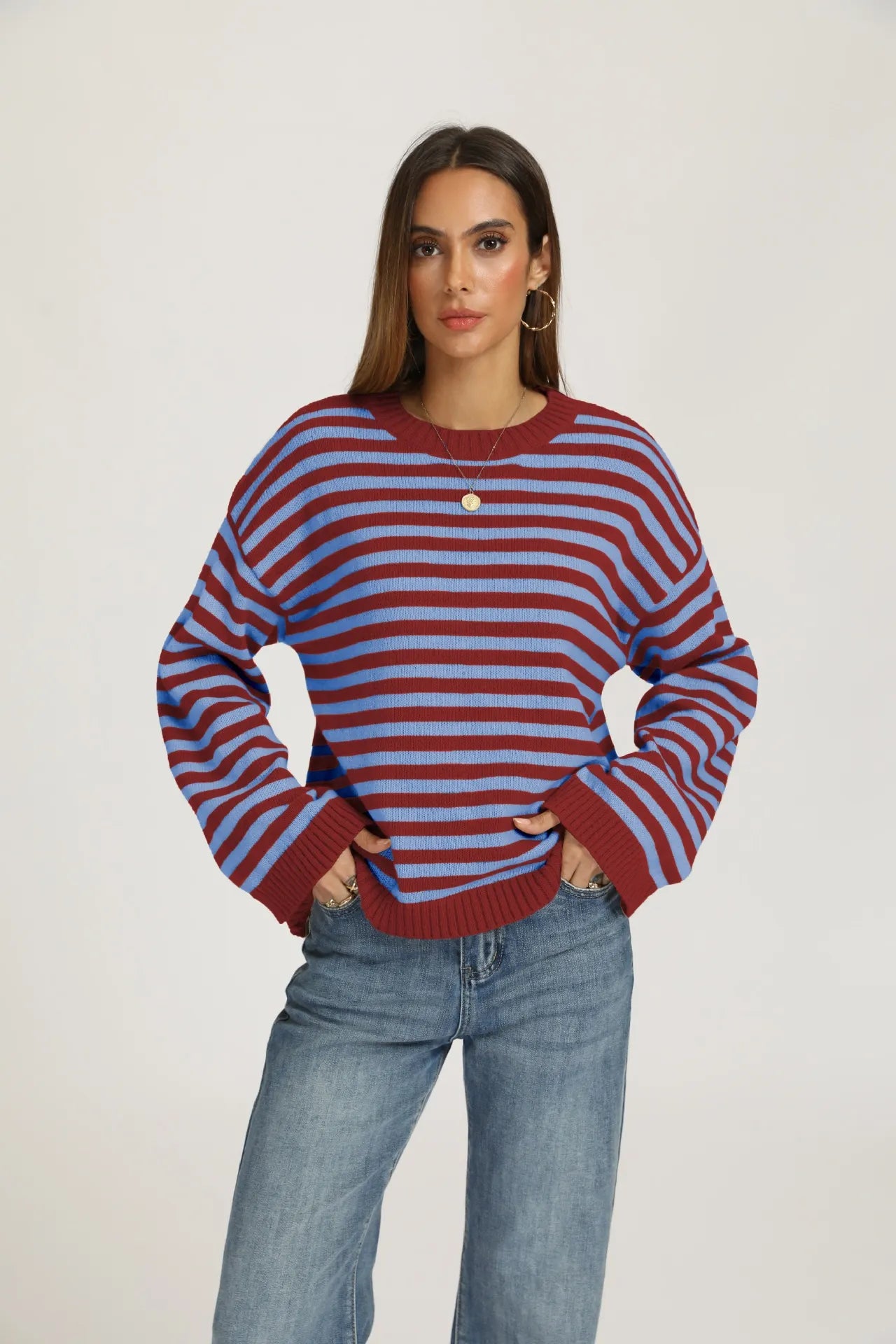 Bold Stripe Knit Pullover Crew Neck Drop Shoulder Loose Fit Fall Sweater