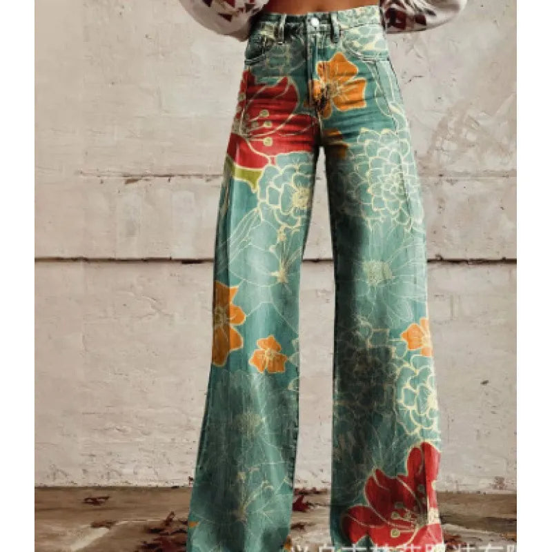 High Waist Western Cowboy Horse Print Wide Leg Pants