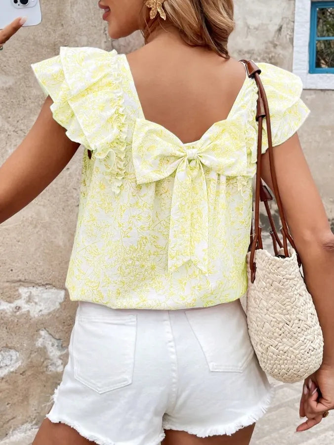 Floral Print Ruffle Sleeve Back Bow Blouse