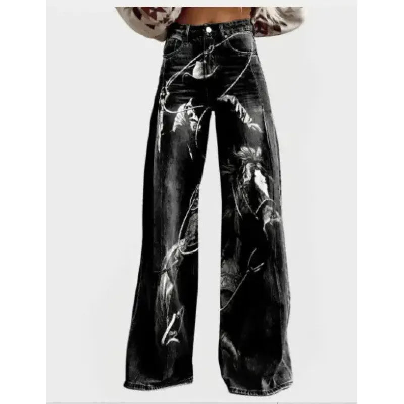 High Waist Western Cowboy Horse Print Wide Leg Pants