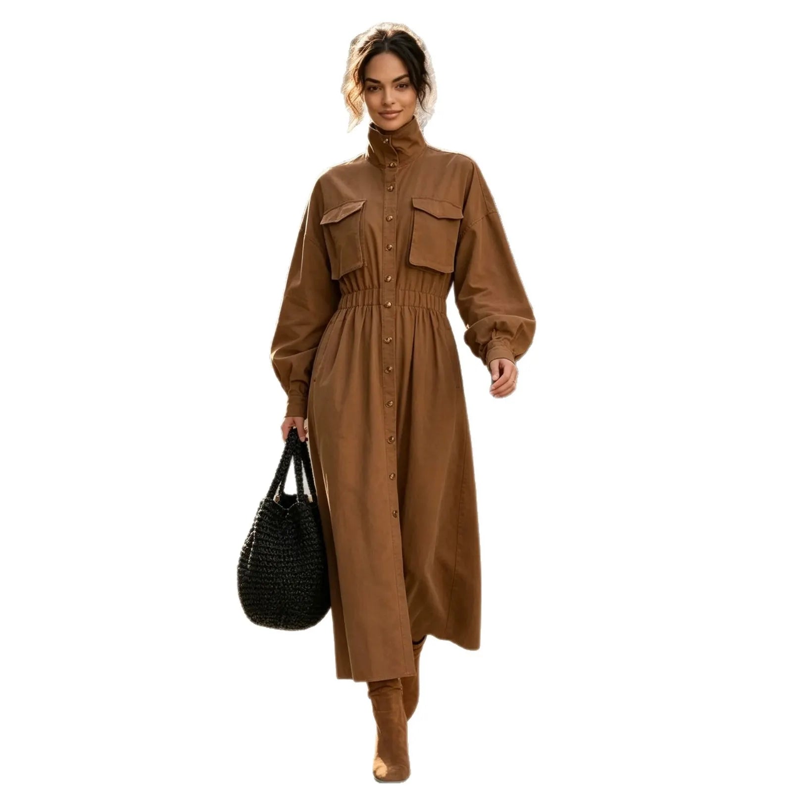 Ladies High Neck Button Down Midi Dress Long Sleeve Chest Pockets Cinched Waist Brown Autumn Dress