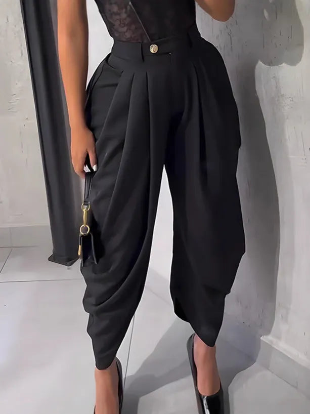 High Waist Pleated Draped Irregular Wide Leg Suit Pants