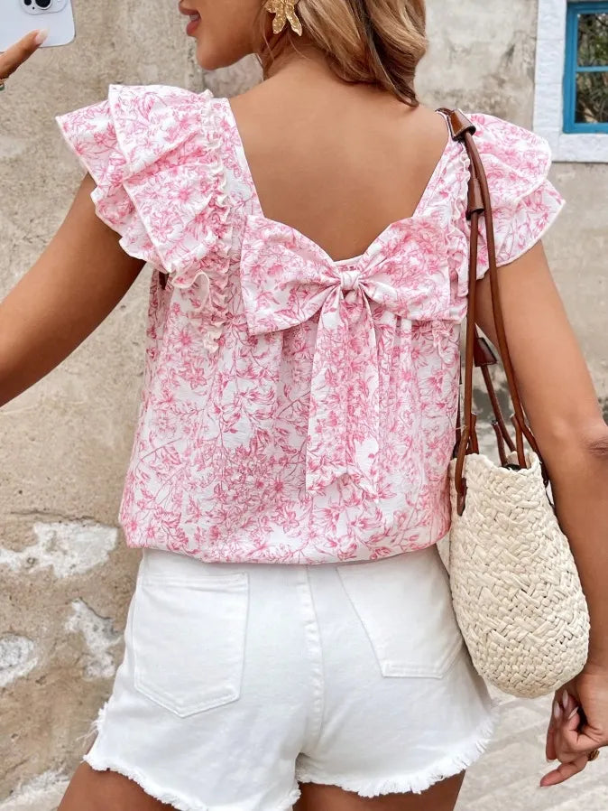 Floral Print Ruffle Sleeve Back Bow Blouse