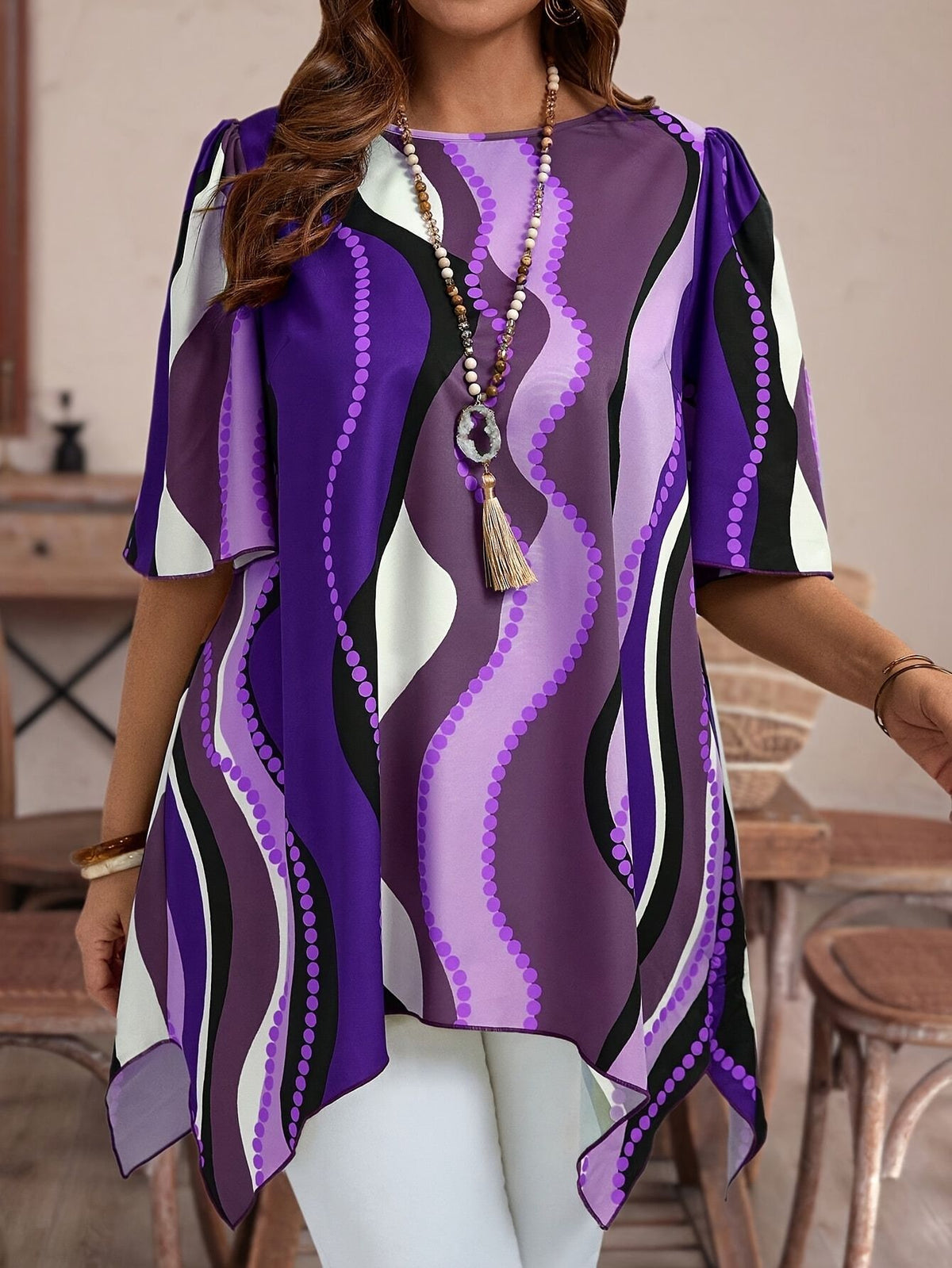 Round Neck Mid-Sleeve Abstract Wave Print Irregular Hanky Hem Loose Plus Size Tunic Top