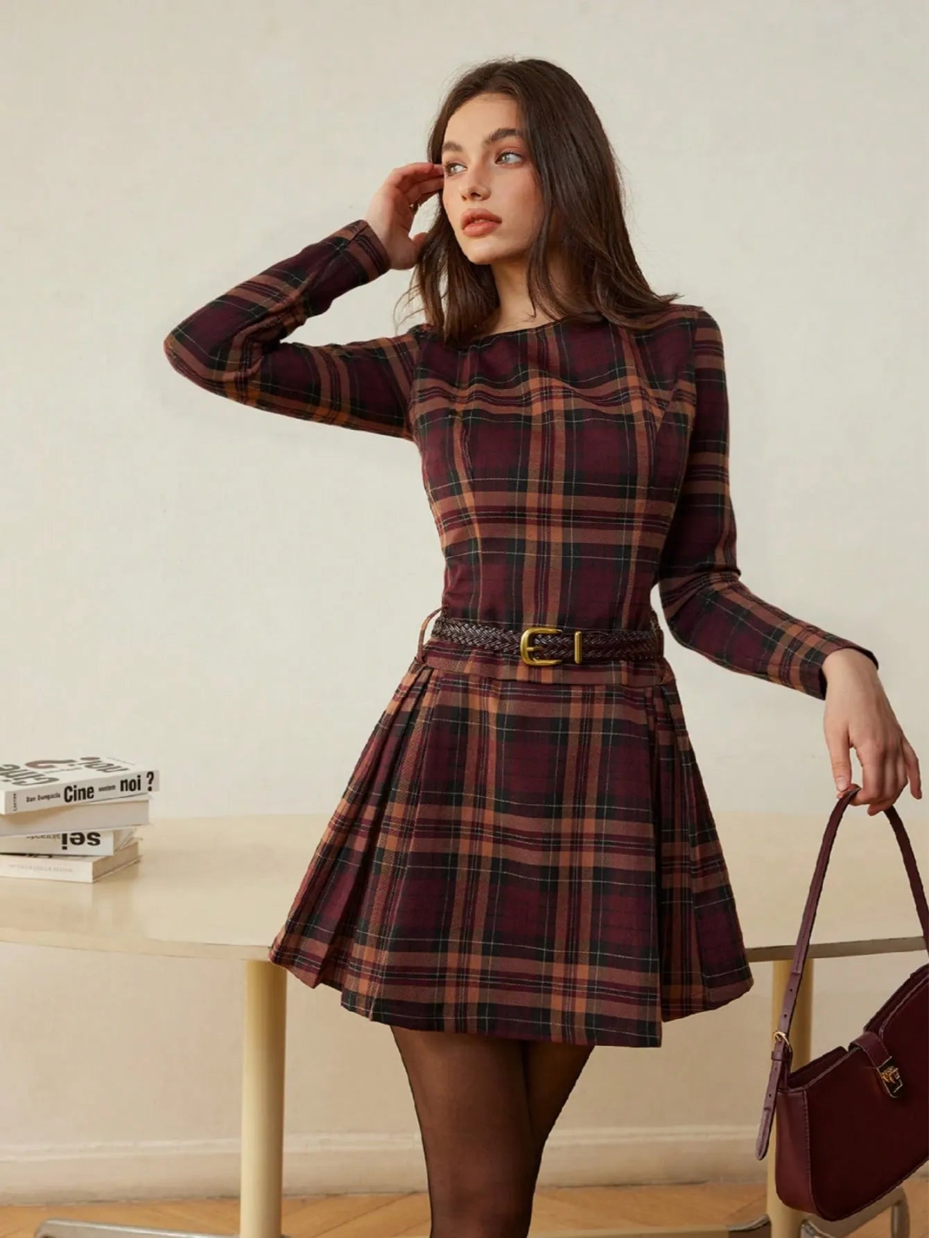 Red Plaid Round Neck Pleated Mini Dress
