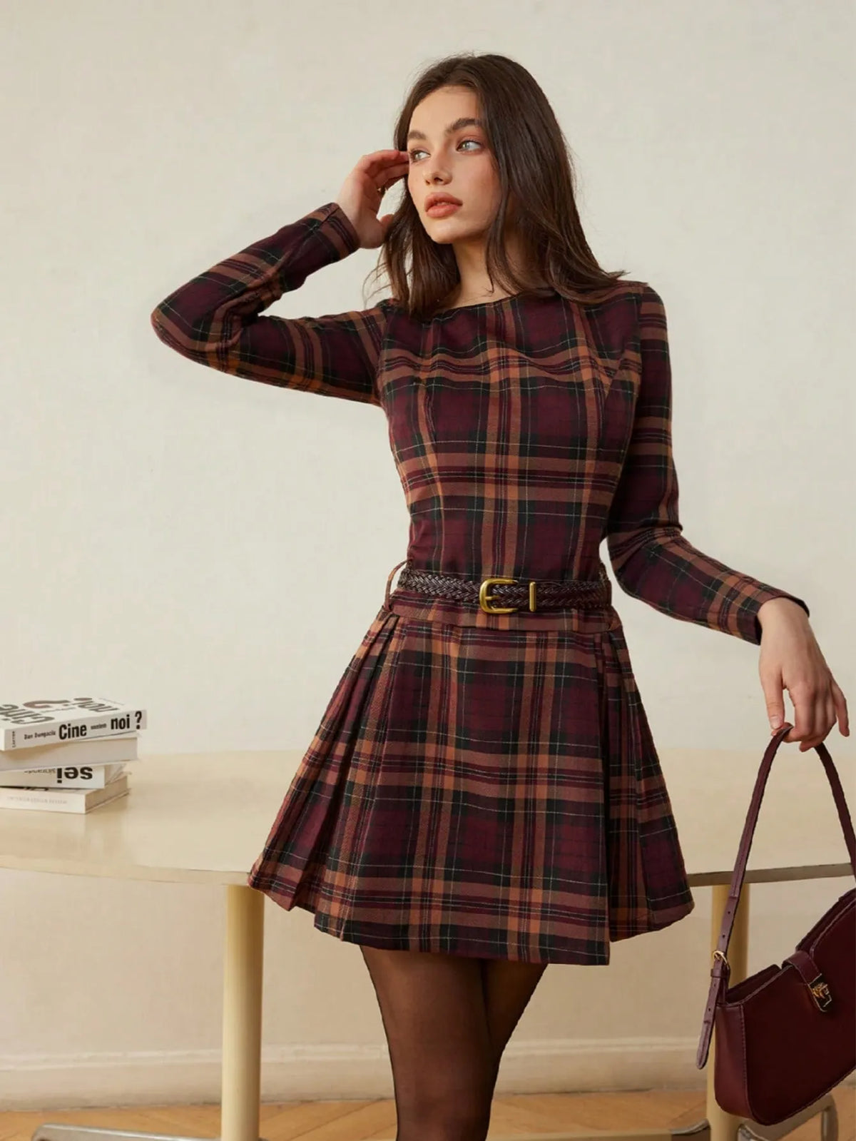 Red Plaid Round Neck Pleated Mini Dress
