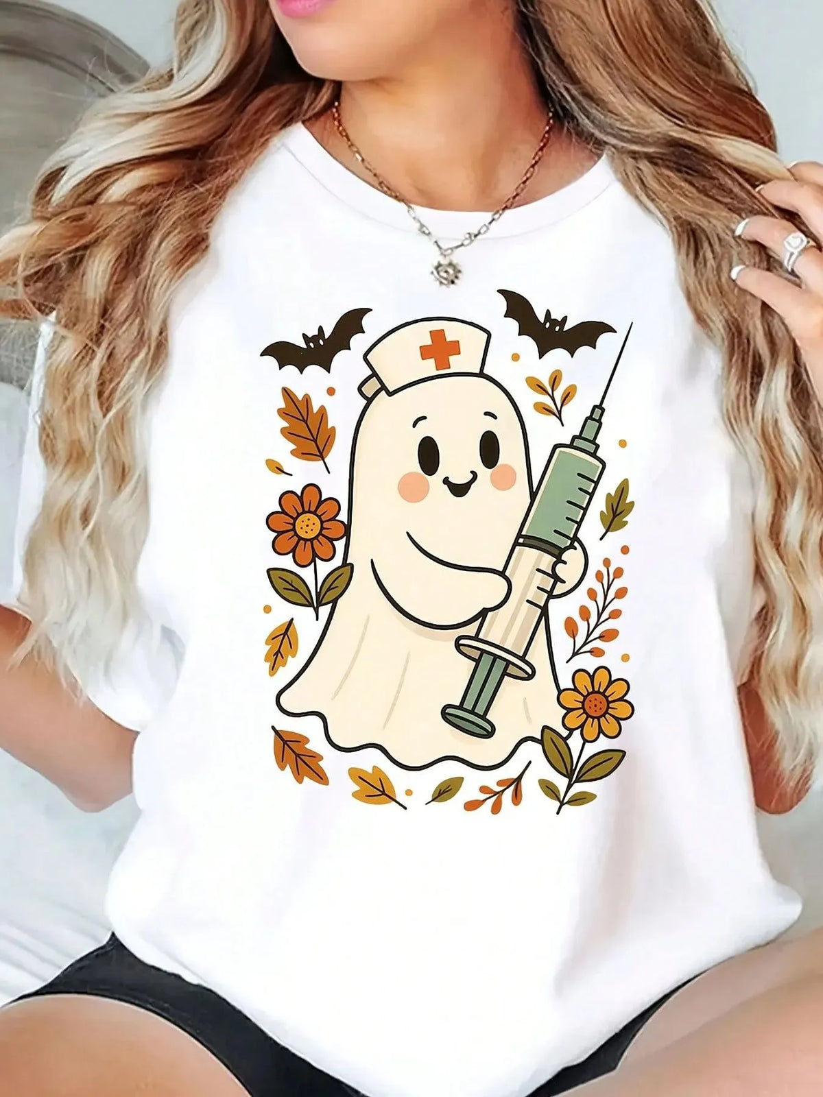 Halloween Nurse Ghost Bat Floral Print Crew Neck Short Sleeve T‑Shirt