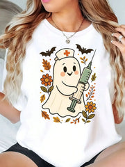 Halloween Nurse Ghost Bat Floral Print Crew Neck Short Sleeve T‑Shirt