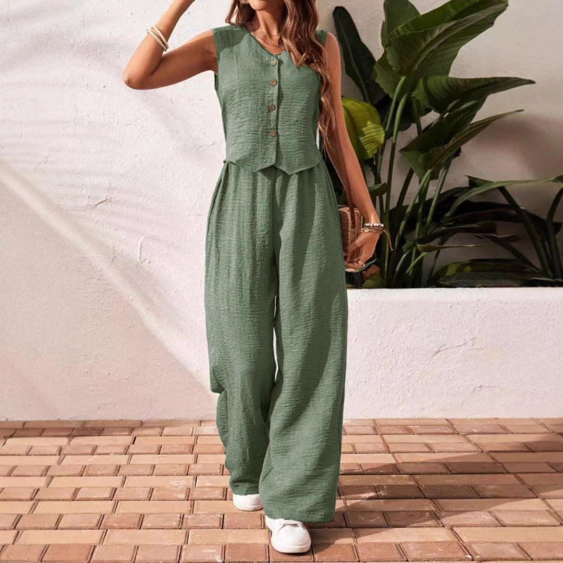 Green V-Neck Button Vest & Wide-Leg Pants Two-Piece Set