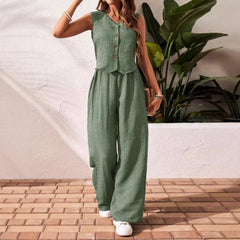 Green V-Neck Button Vest & Wide-Leg Pants Two-Piece Set