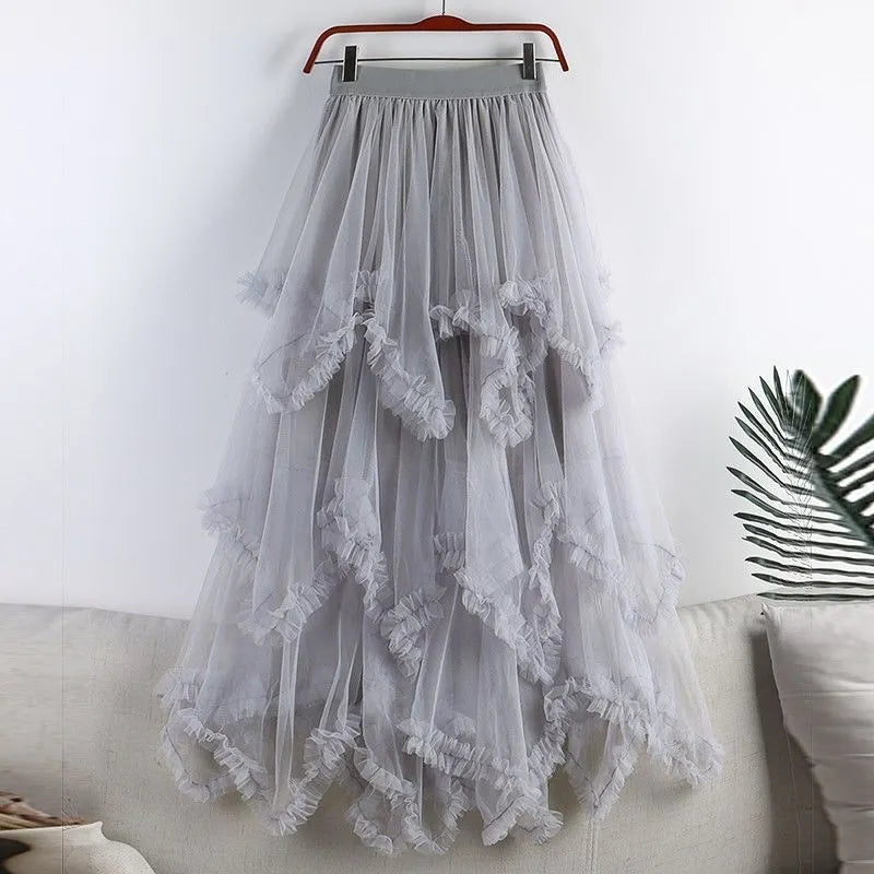 Asymmetrical Ruffle Tulle Maxi Skirt