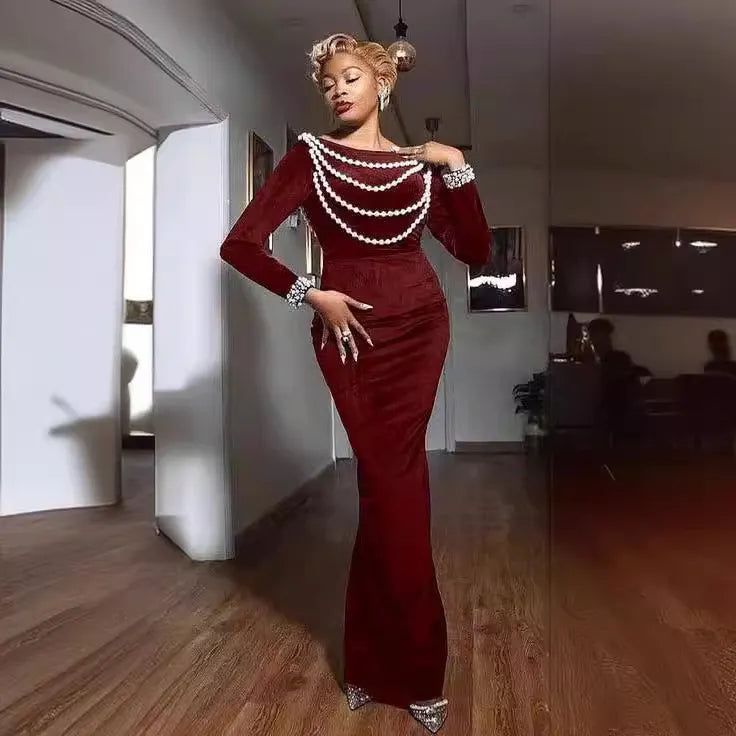 Solid Pearl Beaded Round Neck Long Sleeve High Waist Velvet Mermaid Maxi Dress