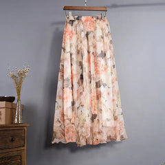 Floral Print Chiffon Maxi Skirt High Waist Flowy A-Line Skirt