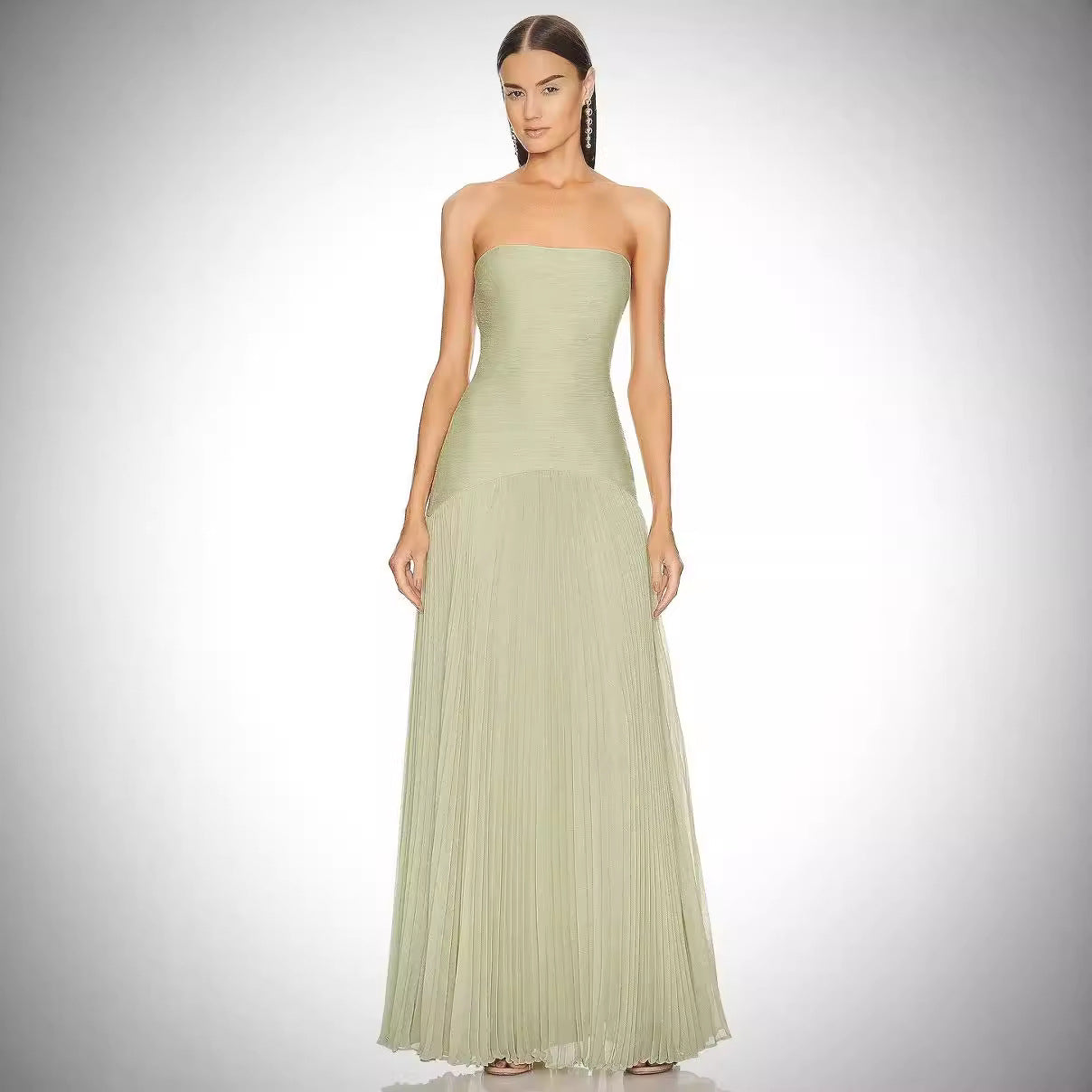 Strapless Solid Color Pleated Slim Fit Maxi Dress
