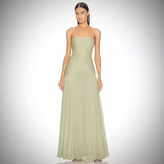 Strapless Solid Color Pleated Slim Fit Maxi Dress