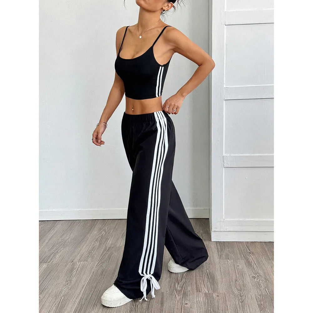 Street Striped Drawstring Wide Leg Casual Pants