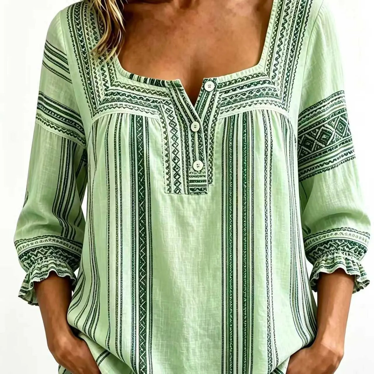 Plaid Square Neck Button Front Bubble 7/4 Sleeve Loose Casual Blouse