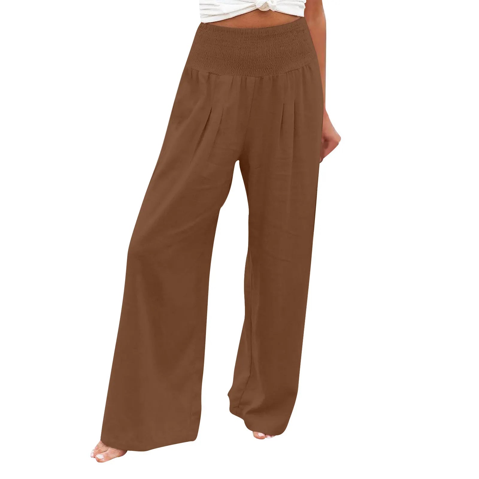 High Waist Smocked Waistband Cotton Linen Wide Leg Pants