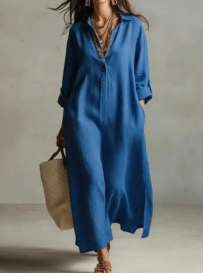 Shirt Collar Seven-Quarter Sleeve Loose Cotton Linen A-Line Maxi Shirt Dress