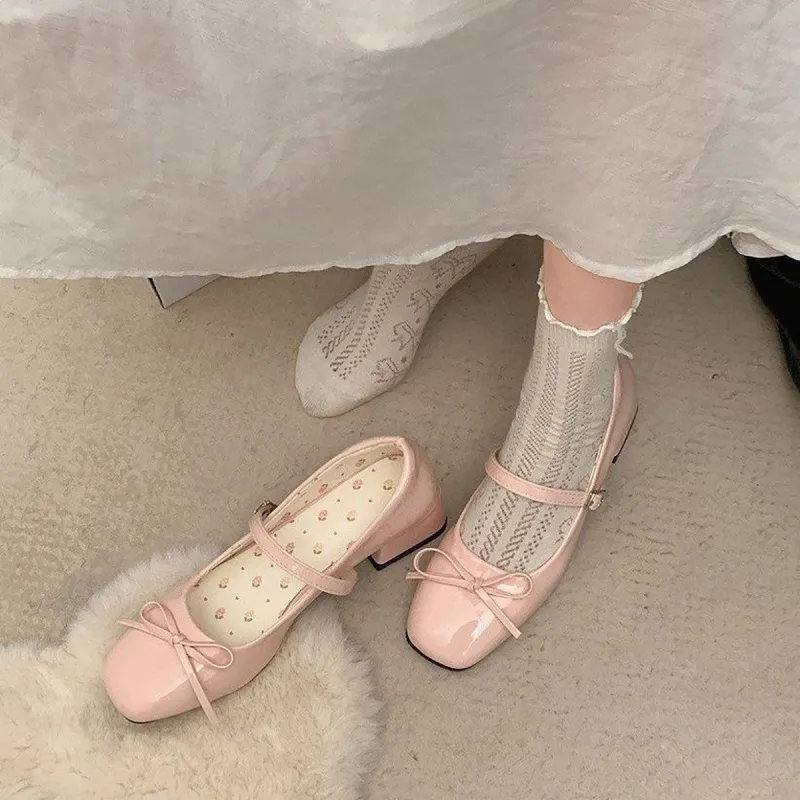 Coquette Pink Mary Jane Shoes, Floral Insole Bow Detail Low Block Heel Dress Footwear