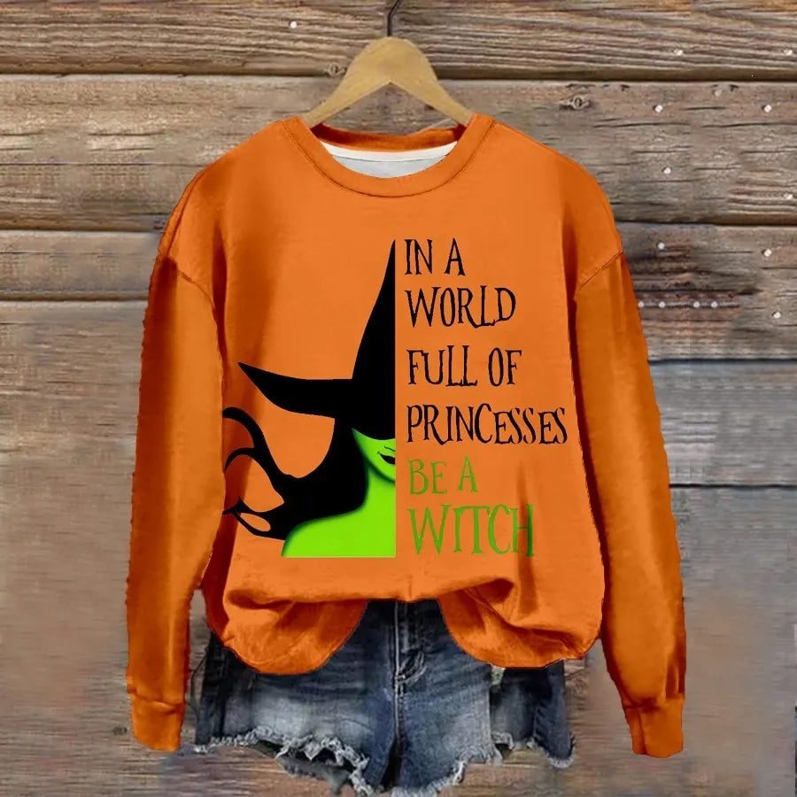 Halloween Witch Pumpkin Print Crew Neck Sweatshirt