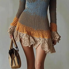 Color Block Deep V-Neck Long Sleeve Lace Hem Knitted Mini Dress