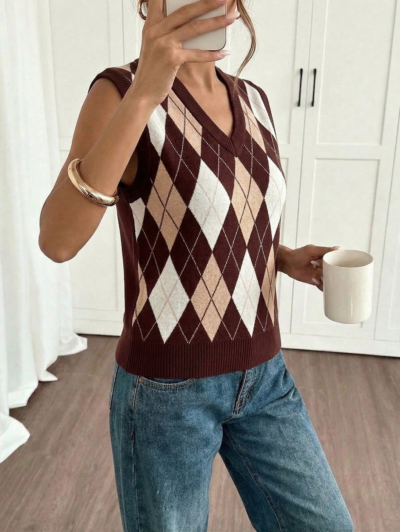 Brown Argyle Knit Sweater Vest