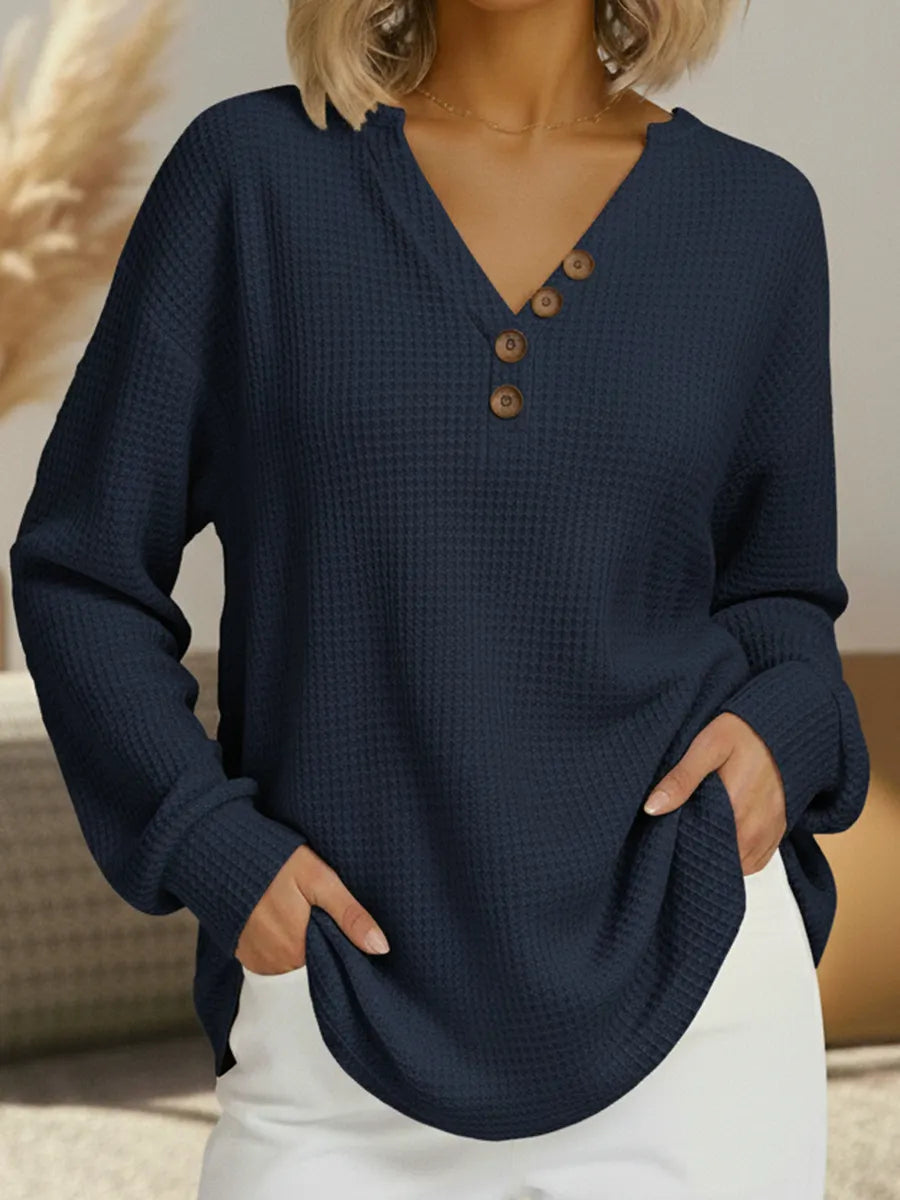 Waffle Knit Notch Henley V-Neck Long Sleeve Casual Top