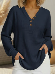 Waffle Knit Notch Henley V-Neck Long Sleeve Casual Top