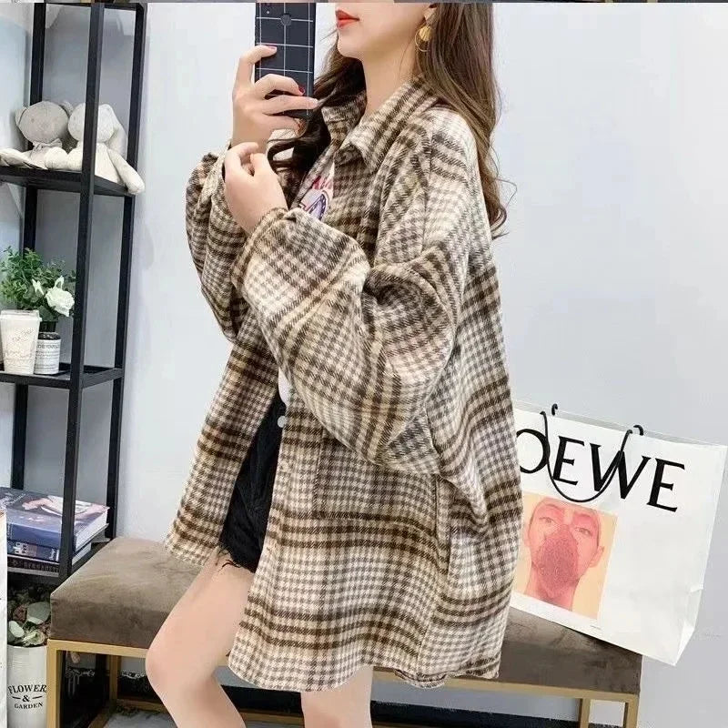 Fall Oversized Brown Black Plaid Shirt, Long Length Button Front Loose Fit Blouse