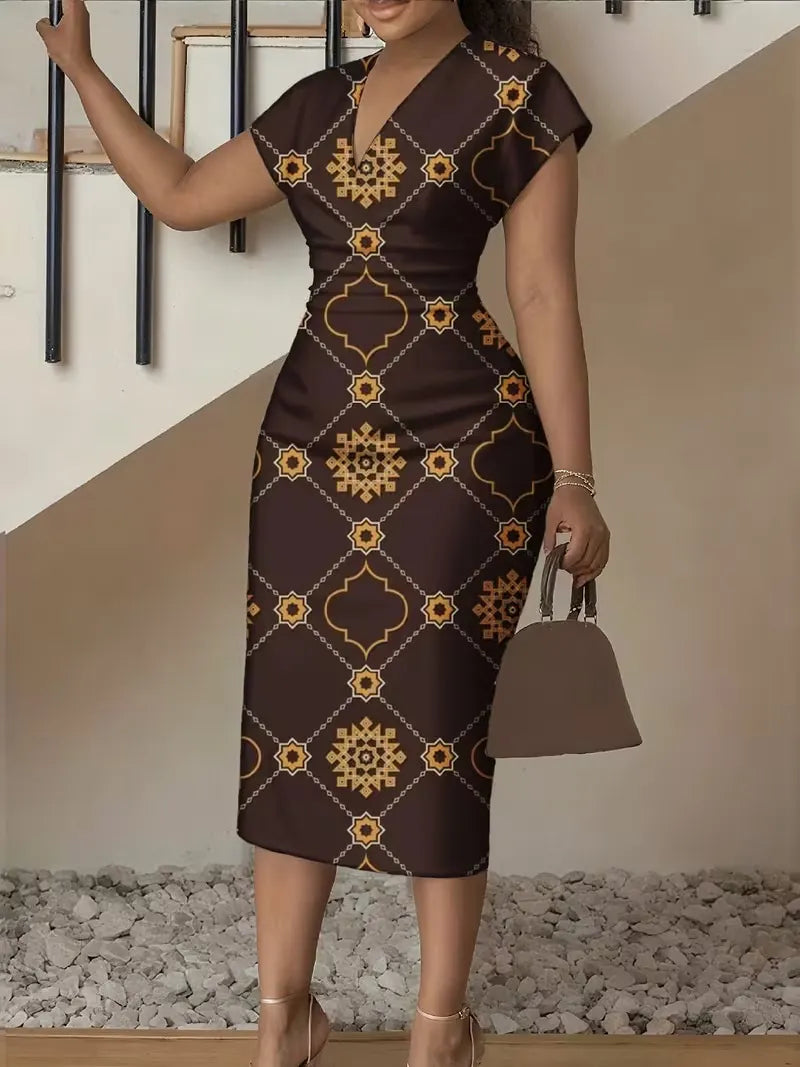 3D Stereoscopic Color Block Deep V-Neck Bodycon Midi Dress
