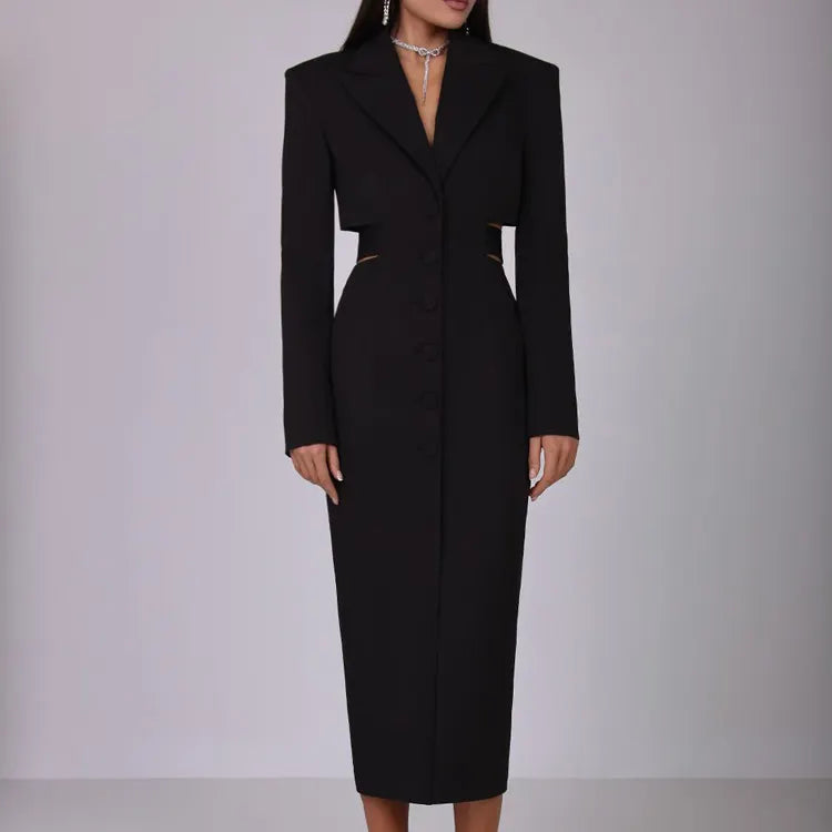 Sleek White Cutout Blazer Midi Dress with Button Front