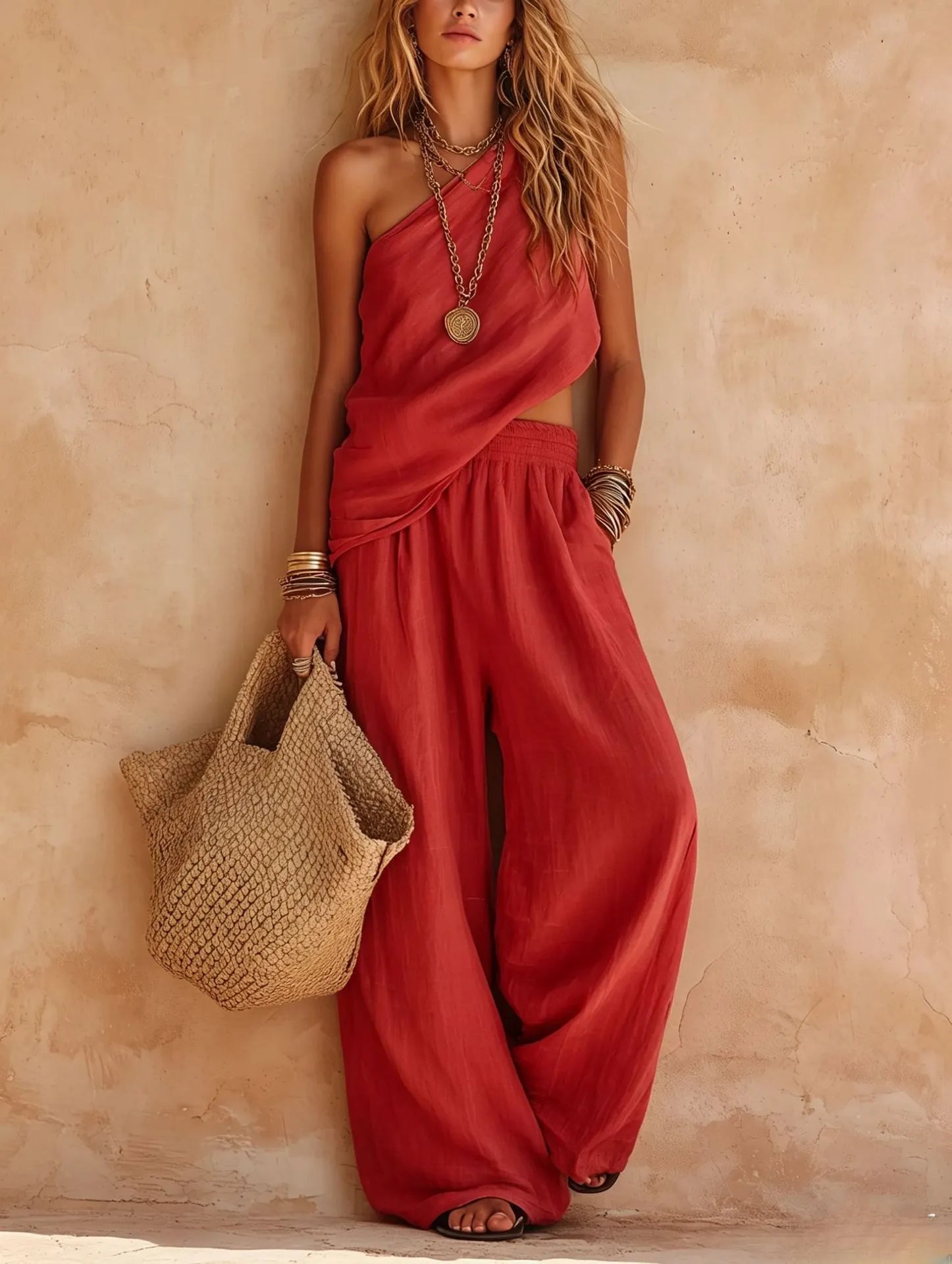 Diagonal Halter Wrap Top + Elastic Wide Leg Pants Two-piece Set