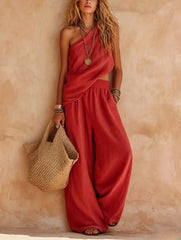 Diagonal Halter Wrap Top + Elastic Wide Leg Pants Two-piece Set