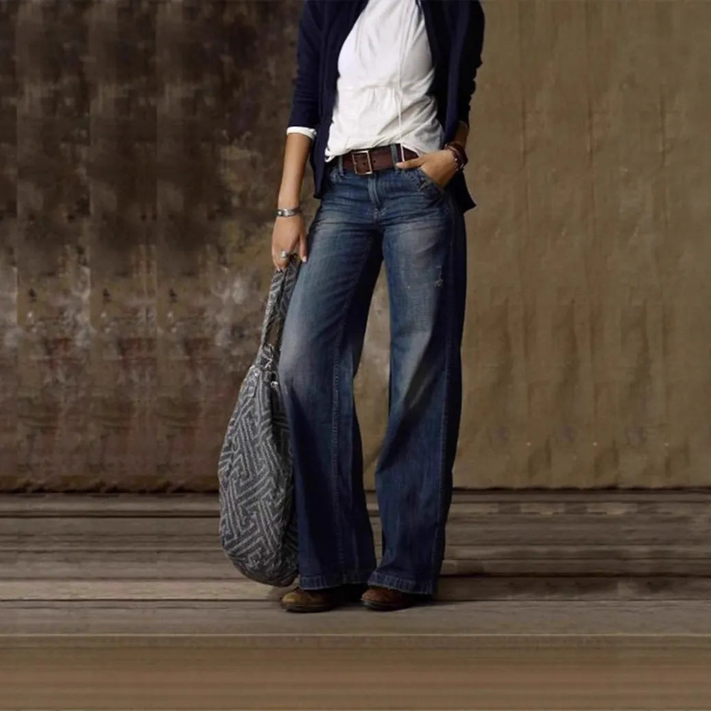 Mid Waist Printed Loose Straight Long Jeans