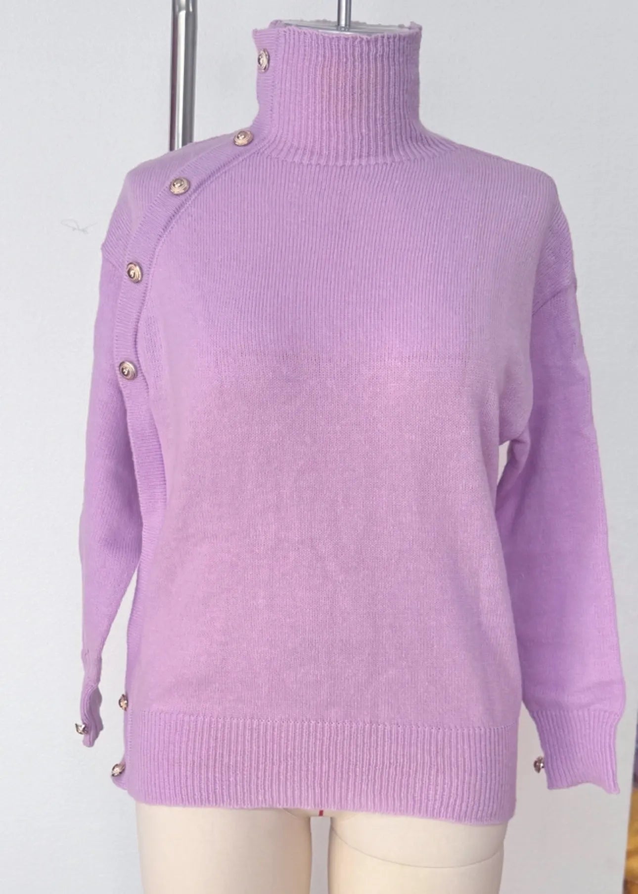 Chic Blue Turtleneck Knit Sweater, Statement Side Gold Buttons Casual Fall Winter Top