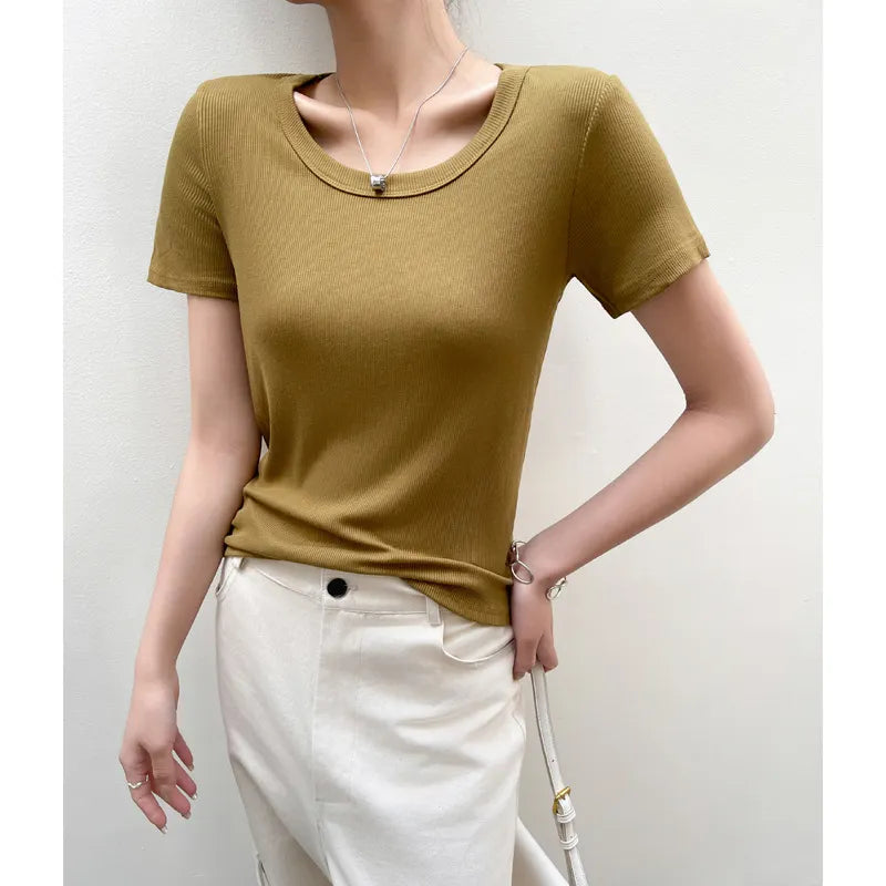 Solid Color Ribbed U-Neck Short Sleeve Loose T-Shirt