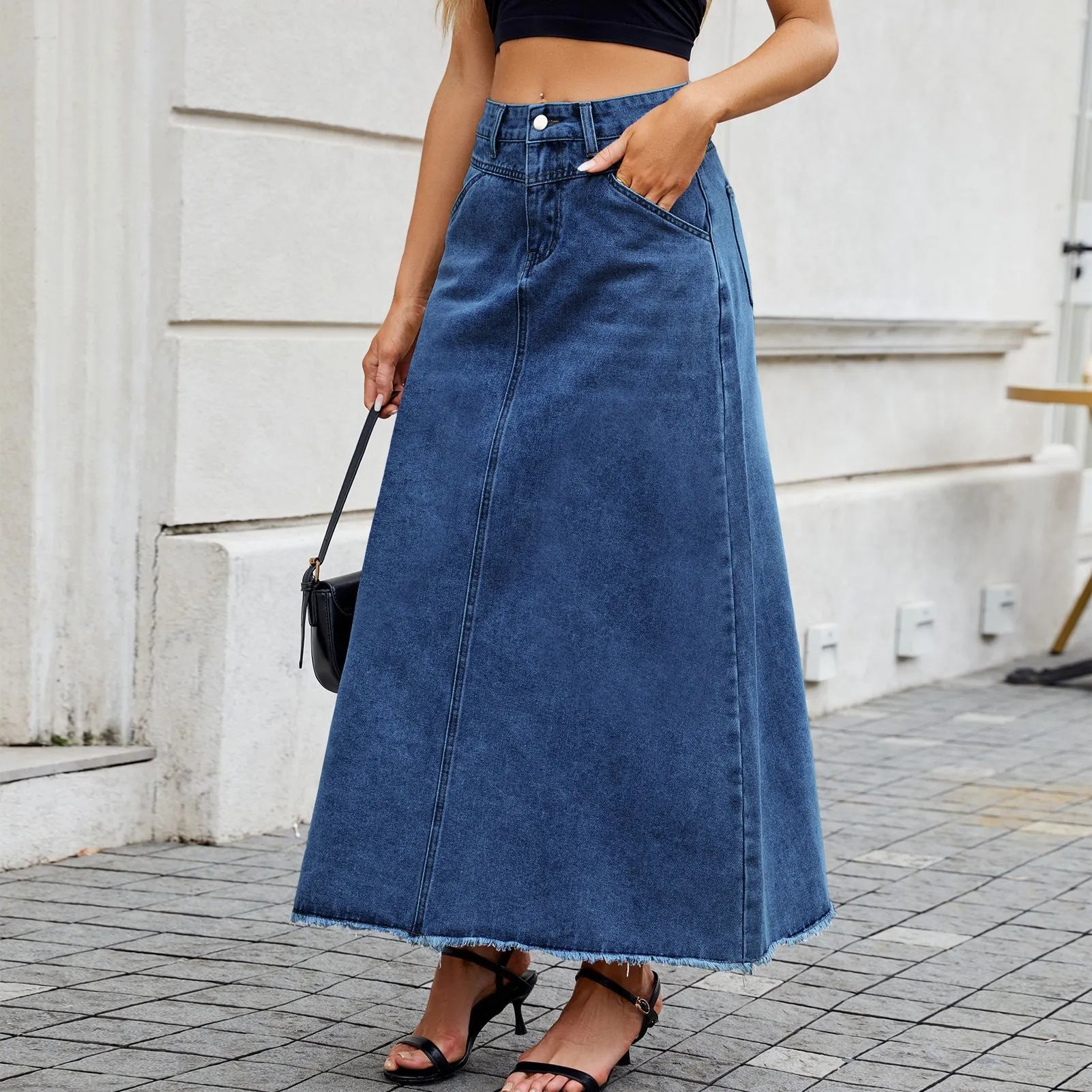 Raw Hem Denim Maxi Skirt