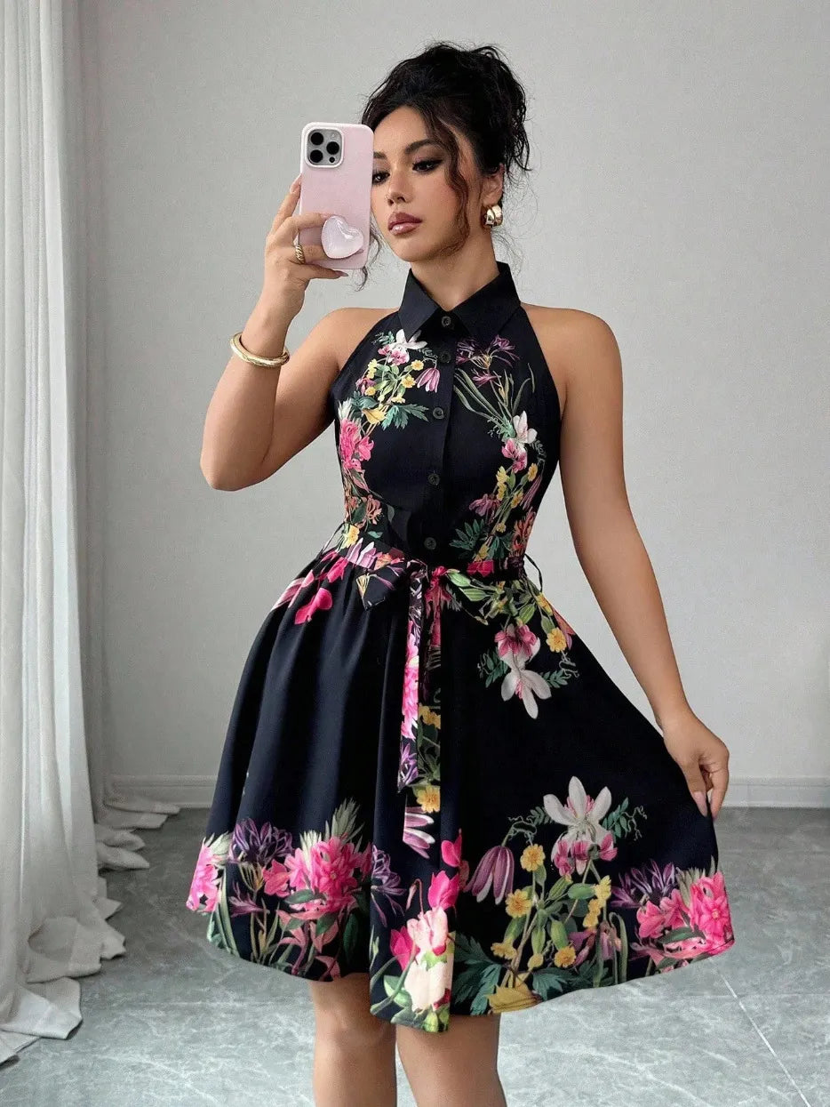 Black Floral Halter Neck A-Line Midi Dress