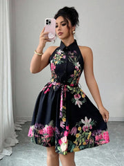 Black Floral Halter Neck A-Line Midi Dress