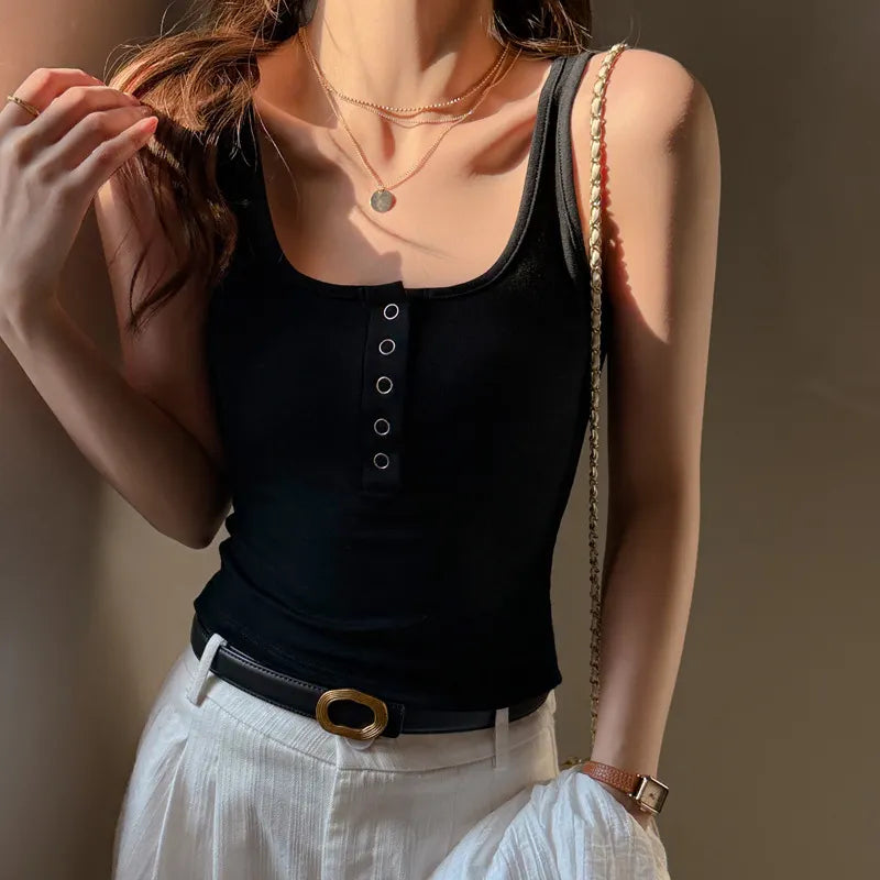 Square Neck Half Button Front Ribbed Fitted Tank Top