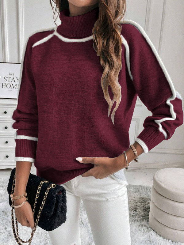 Contrast Trim Turtleneck Sweater, Ladies Raglan Sleeve Soft Knit Loose Fit Casual Pullover