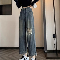 High Waist Ripped Straight Leg Casual Denim Jeans