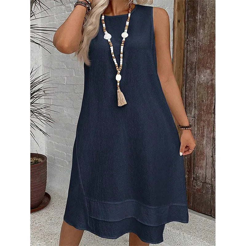 Round Neck Sleeveless Asymmetric Layer Hem Loose Linen Blend Casual Shift Dress