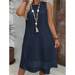 Round Neck Sleeveless Asymmetric Layer Hem Loose Linen Blend Casual Shift Dress