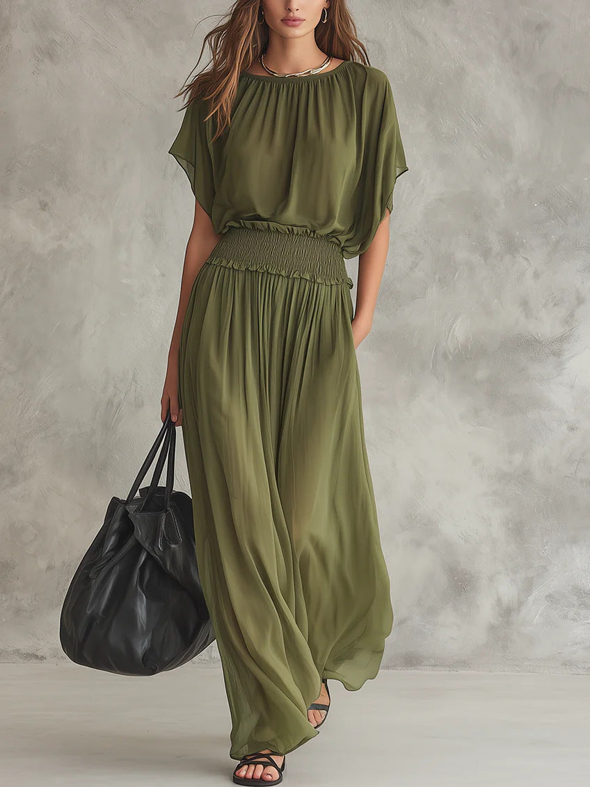 Army Green Batwing-Sleeve Smocked Waist Maxi Dress