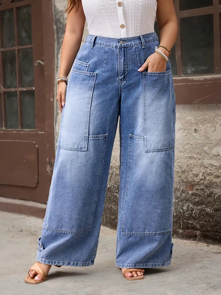 Plus Size Patch Pocket Wide Leg Jeans
